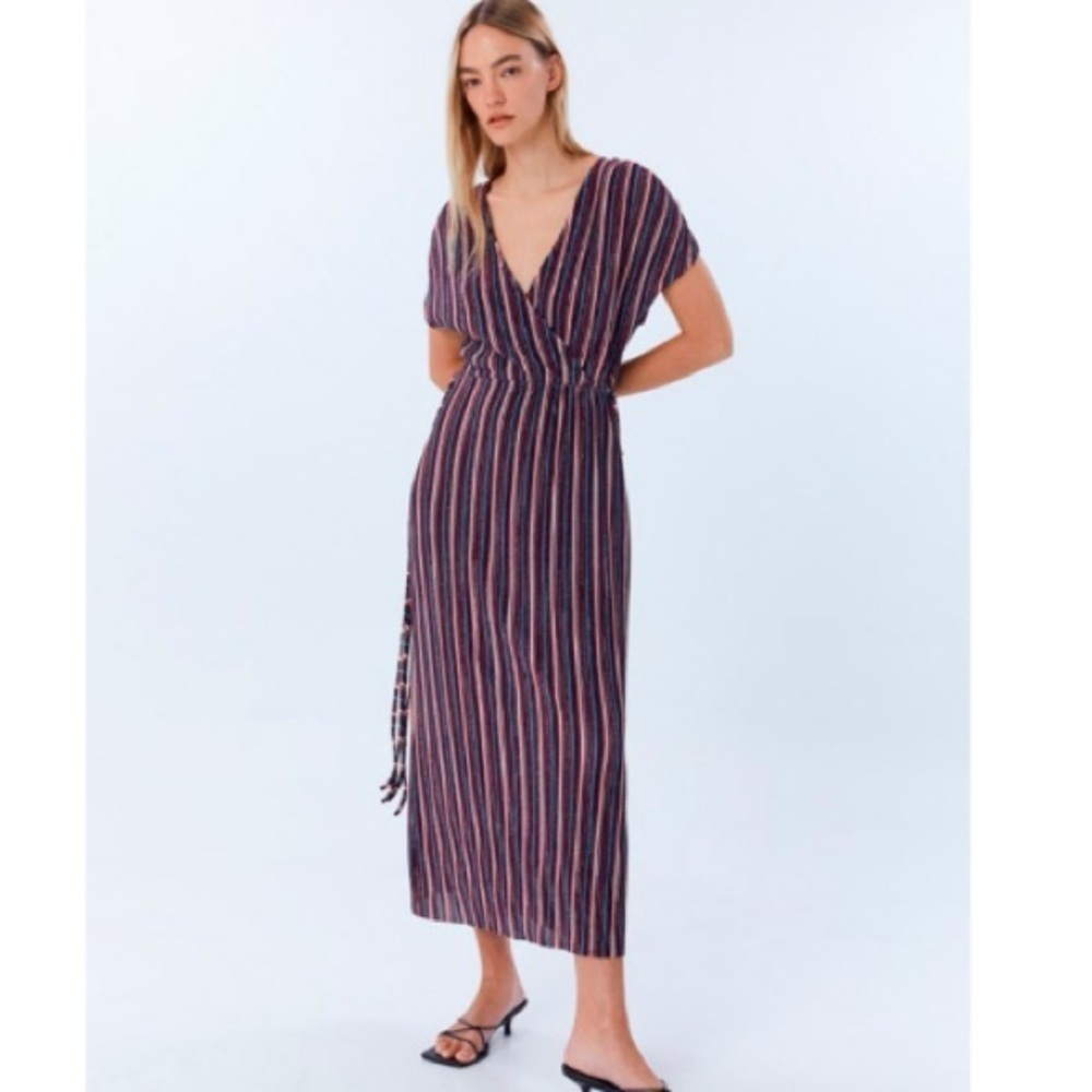NWT Sfera Striped Metallic Midi Side Tassel Dress